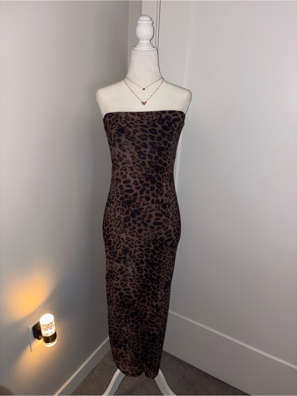 Strapless Leopard Print Bodycon Dress - Brown
